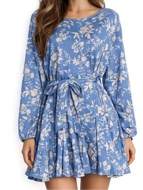 Wayf Blue and White Floral Tie-Waist Long Sleeve Mini Dress